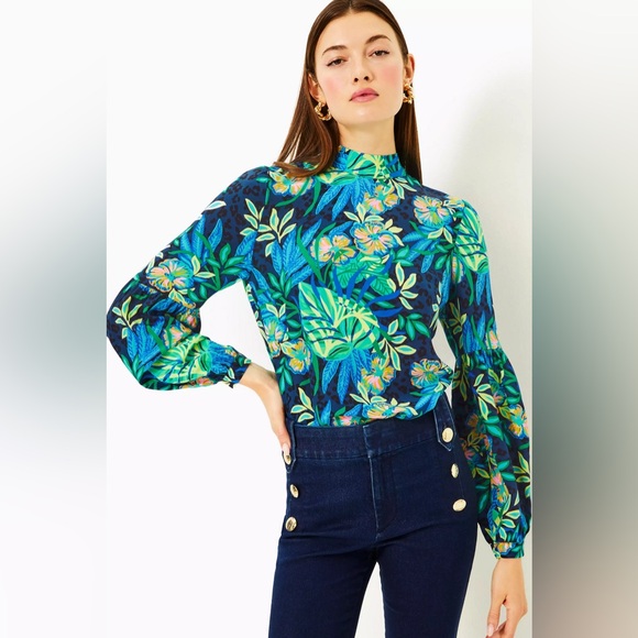 Lilly Pulitzer Tops - NWT Lilly Pulitzer
Witaker Printed Silk Mock Neck Long Sleeve Tie-Back Top